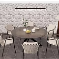 Outdoor Round Dining Table and Woven Chairs Set with Patio Brick Wall and Floor Lamp