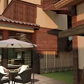 Japanese Style Two Story Guesthouse Building With Wooden Structure Glass Windows Lawn And Stone Path