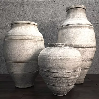 Handcrafted Ceramic Jars with Textured Surface Against Gray Wall and Wooden Floor 3d model