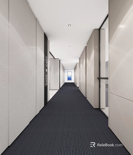 Modern Office Corridor With Textured Walls And Dark Carpet Flooring 3d model 