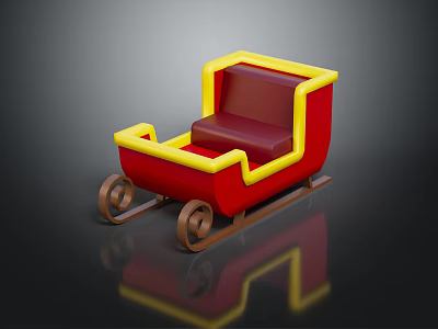 Red And Yellow Decorative Sleigh With Brown Curved Wheels And Red Seat 3d model