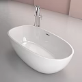 White Freestanding Bathtub In Modern Bathroom With Pink Wall Hanging Pendant Lights And Oval Mirror