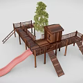 Outdoor Wooden Playground Equipment with Slide Platform and Cabin Structure