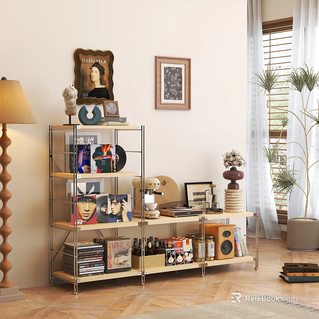 Modern Living Room Shelf With Vinyl Records Books Coffee Maker Wall Art And Decorative Items 3d model 