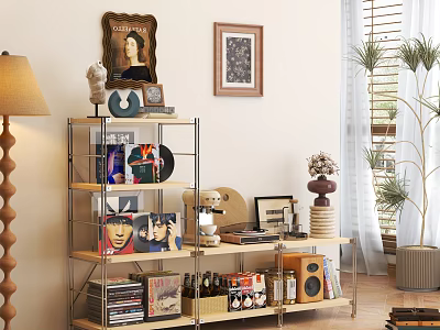 Modern Living Room Shelf With Vinyl Records Books Coffee Maker Wall Art And Decorative Items 3d model