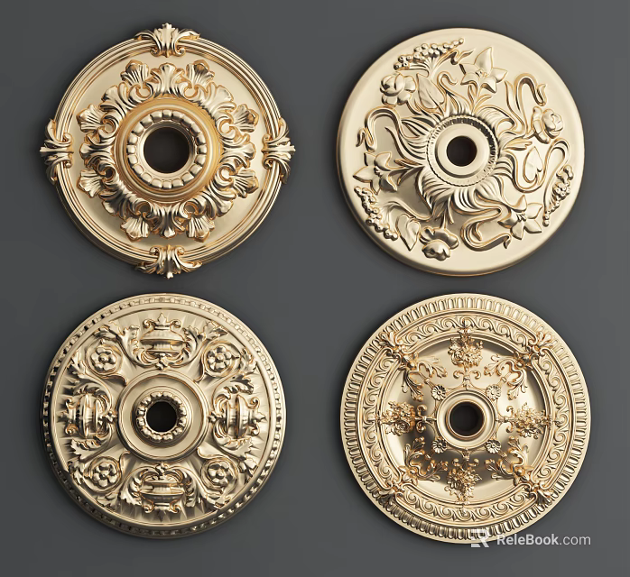 Elegant Golden Ceiling Medallions With Intricate Ornate Carvings And Decorative Patterns 3d model 