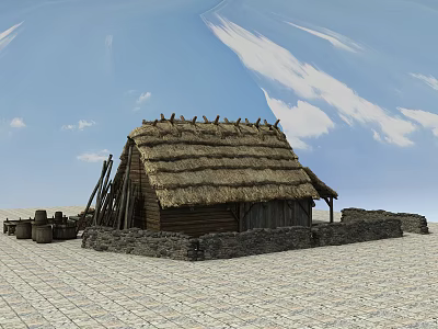 Rustic Thatched House Featuring Thatch Roof Stone Wall And Stone Paved Ground 3d model