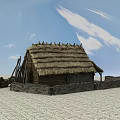 Rustic Thatched House Featuring Thatch Roof Stone Wall And Stone Paved Ground