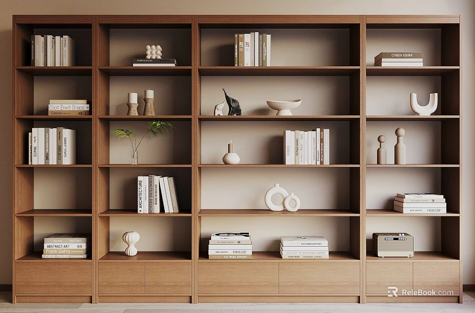 Stylish Modern Wooden Bookshelf With Books Decorative Vases And Sculptures 3d model 