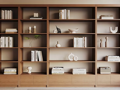 Stylish Modern Wooden Bookshelf With Books Decorative Vases And Sculptures 3d model