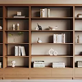 Stylish Modern Wooden Bookshelf With Books Decorative Vases And Sculptures