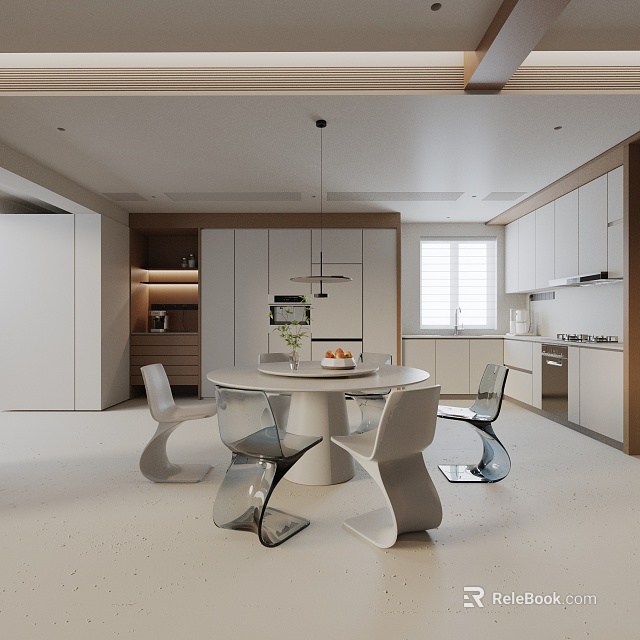 Modern Dining Table Set With Transparent Chairs And White Cabinets In Kitchen Interior 3d model 