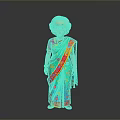Elderly woman in traditional colorful sari with red and blue patterns and white headscarf