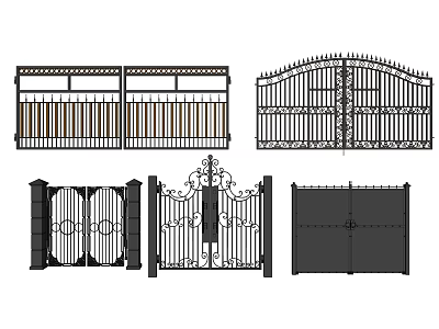 Various Double Panel Metal Gate Designs With Ornate Wrought Iron Railings 3d model