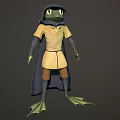 Anthropomorphic Frog Character With Large Eyes In Yellow Outfit Blue Cloak And Webbed Feet