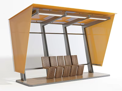 Modern Bus Stop Design With Yellow Roof Metal Frame And Wooden Seats 3d model