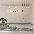 Modern Front Desk Reception With Marble Counter Bonsai And Hanging Lights 3d model