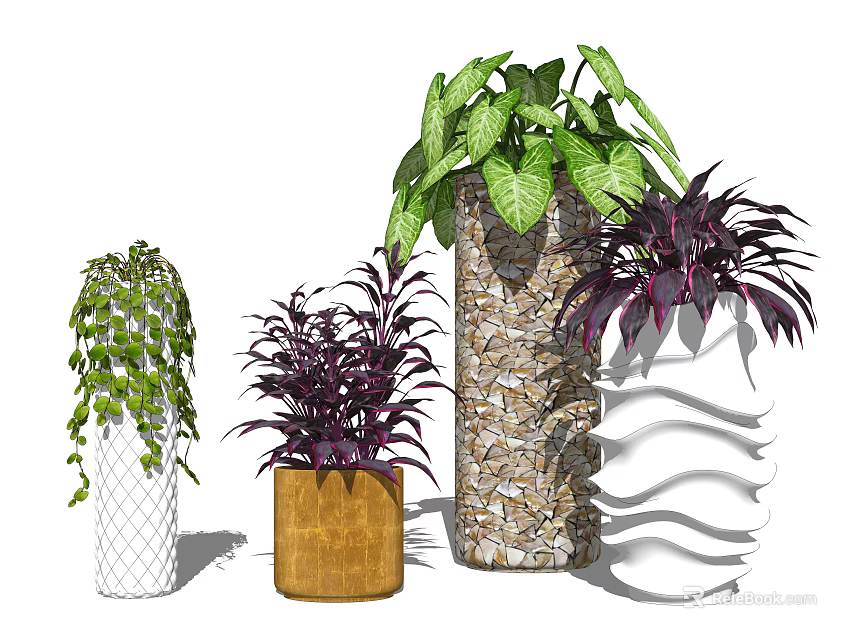 Various Potted Plants With Green Purple Foliage In Decorative Mesh Ceramic Stone Wavy Planters 3d model 