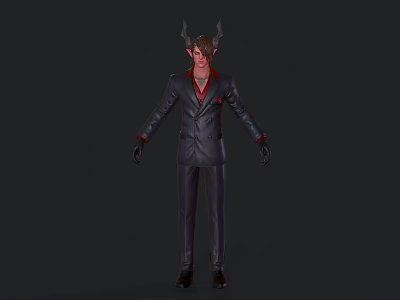 Horned Game Movie Character Wearing Dark Suit Red Shirt And Black Gloves 3d model