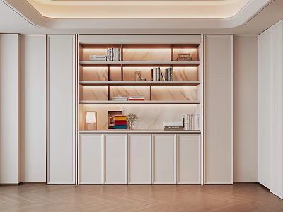 Modern Bookcase Design With White Open Shelves Books Decorations And Table Lamp 3d model