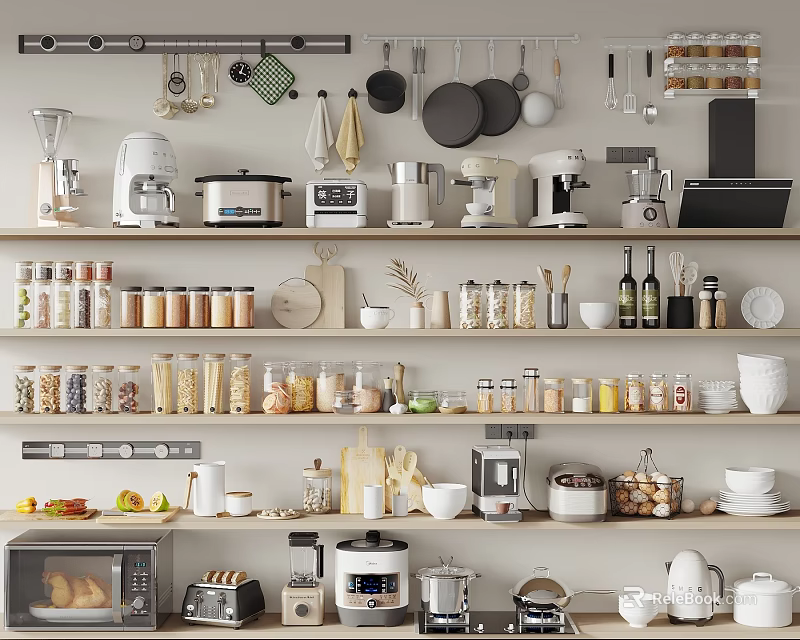 Organized Modern Kitchen Featuring Open Shelves Diverse Kitchen Appliances Storage Jars 3d model 