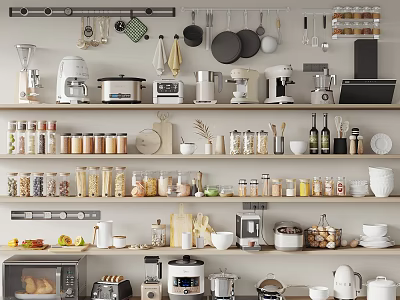 Organized Modern Kitchen Featuring Open Shelves Diverse Kitchen Appliances Storage Jars 3d model