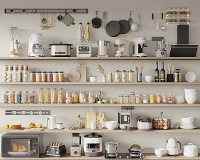 Organized Modern Kitchen Featuring Open Shelves Diverse Kitchen Appliances Storage Jars 3d model