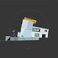 Two Characters In 3D Minimart Scene One Running Up Stairs And One Standing