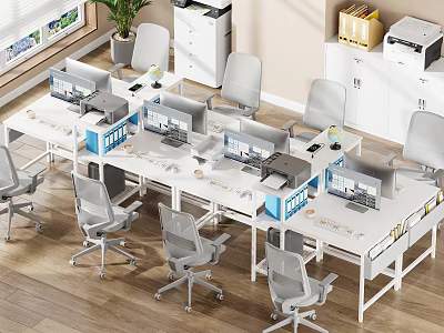 Modern Office Workspace With Multiple Desks Office Chairs Computers And Green Plants 3d model