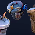 Metal Trash Can With Lid Topped With Yellow Gloves And Blue Papers