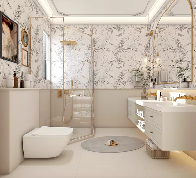 Modern Bathroom Interior Design With Floral Wallpaper Glass Shower Gold Fixtures And Double Sink Vanity 3d model