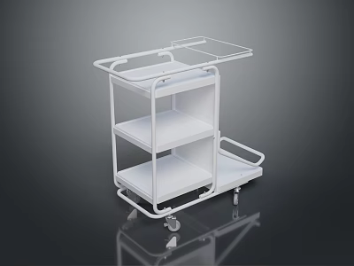 White Three Tier Rolling Cart With Transparent Top Shelf And Wheels On Dark Background 3d model