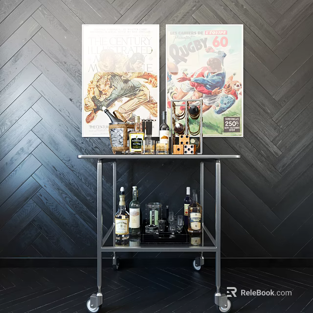 Vintage Bar Cart With Bottles Glasses And Bar Tools Against Black Herringbone Wall With Posters 3d model 