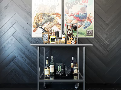 Vintage Bar Cart With Bottles Glasses And Bar Tools Against Black Herringbone Wall With Posters 3d model