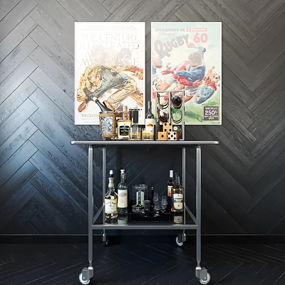 Vintage Bar Cart With Bottles Glasses And Bar Tools Against Black Herringbone Wall With Posters 3d model