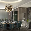 Modern Private Room Interior With Round Dining Table Chandelier And Comfortable Sofa 3d model