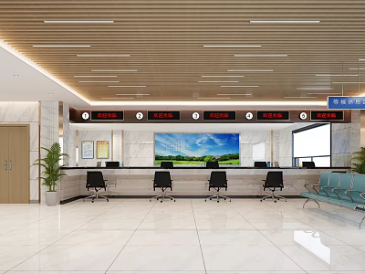 Modern Service Hall Interior With Reception Desk Service Windows Electronic Displays Green Plants And Seats 3d model