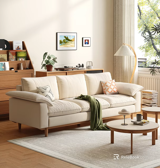 Casual Beige Sofa Set with Decorative Pillows Green Throw Blanket and Wooden Coffee Tables 3d model 