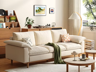 Casual Beige Sofa Set with Decorative Pillows Green Throw Blanket and Wooden Coffee Tables 3d model