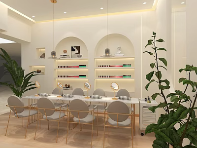 Modern Nail Salon Interior In Mall With Tables Chairs And Nail Polish Shelves 3d model