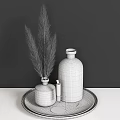 Elegant Decorative Ornament Set With Black Glass Vases Golden Rims Pampas Grass And White Candle