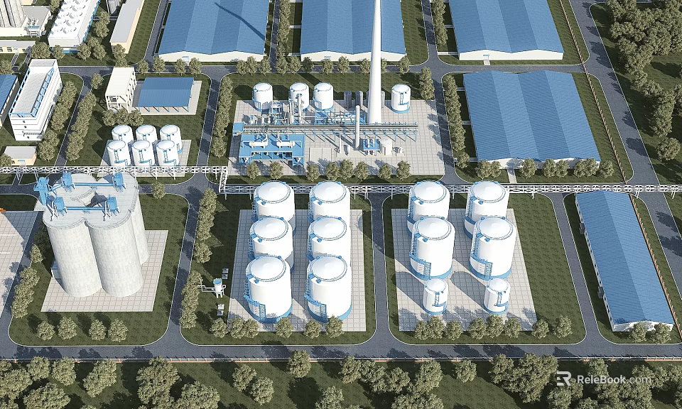 Industrial Plant With Large Storage Tanks Factory Buildings And Green Surroundings Layout 3d model 
