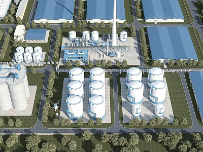 Industrial Plant With Large Storage Tanks Factory Buildings And Green Surroundings Layout 3d model