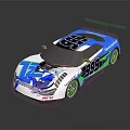 Blue And White Racing Car With Striking Graphics Rear Spoiler And Number 999