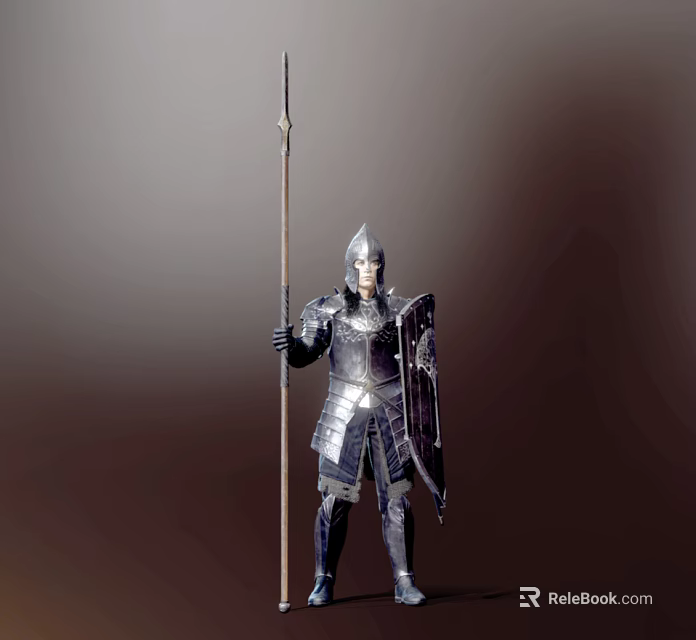 Knight In Steel Armor Holding Spear Shield And Standing With Horse 3d model 