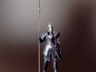 Knight In Steel Armor Holding Spear Shield And Standing With Horse 3d model