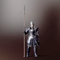 Knight In Steel Armor Holding Spear Shield And Standing With Horse