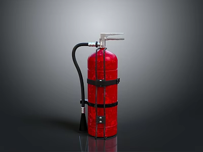 Red Fire Extinguisher With Black Straps Silver Nozzle Handle And Hose On Dark Surface 3d model