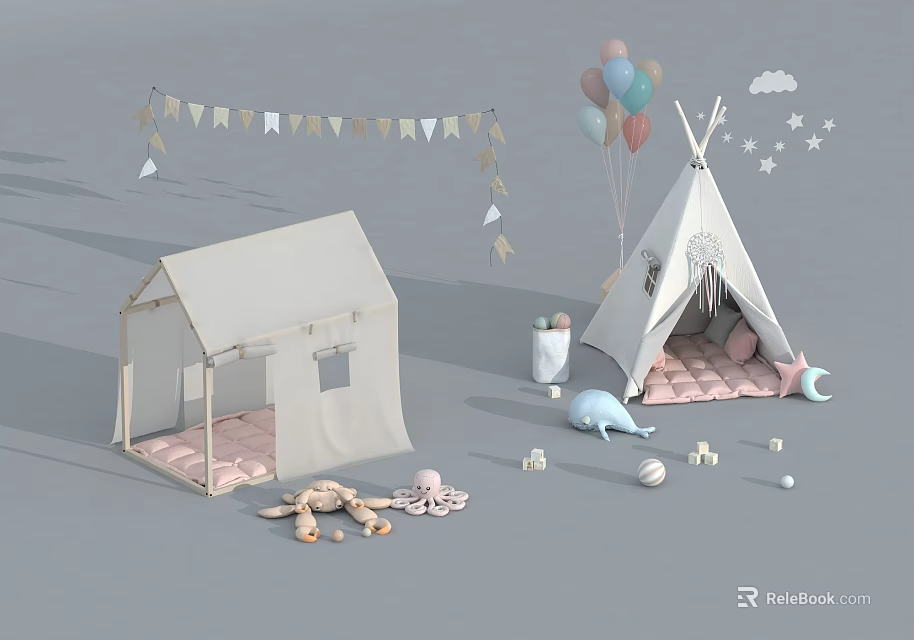 Kids Play Tents With Colorful Balloons Bunting Flags Cloud Star Decorations And Toys 3d model 