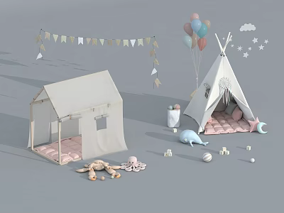 Kids Play Tents With Colorful Balloons Bunting Flags Cloud Star Decorations And Toys 3d model